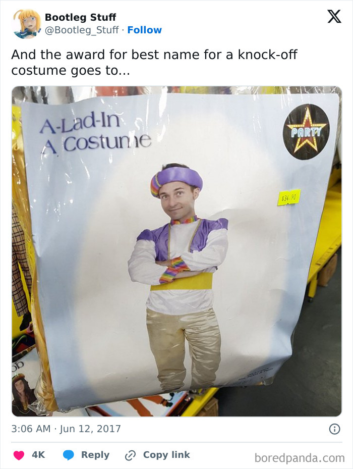 Off-brand Halloween costume labeled A-Lad-In, featuring a man in a purple and white outfit with a hat.