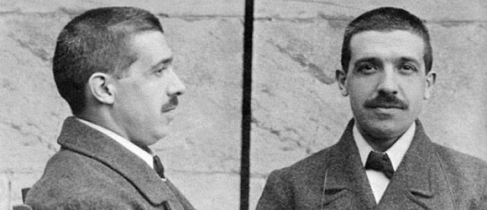 Black and white mugshot photo of a man in a suit, representing a famous fraud case from history.