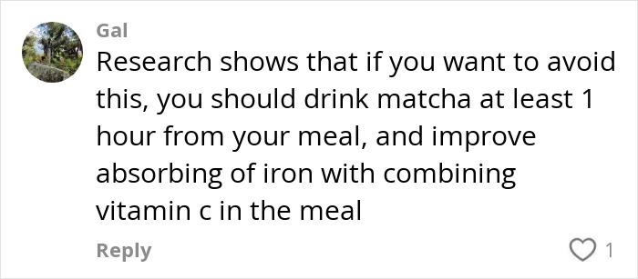 User comment warning about matcha effects and tips to avoid health issues by drinking it away from meals with vitamin C.