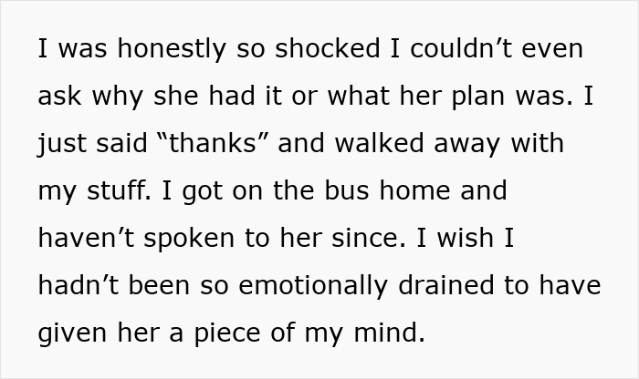Text excerpt describing emotional shock and the end of a 15-year friendship after a purse incident.