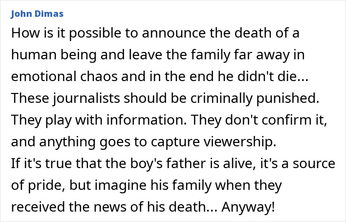 Comment expressing anger at journalists for wrongly announcing death, highlighting dad feared lost in Lisbon crash found alive.