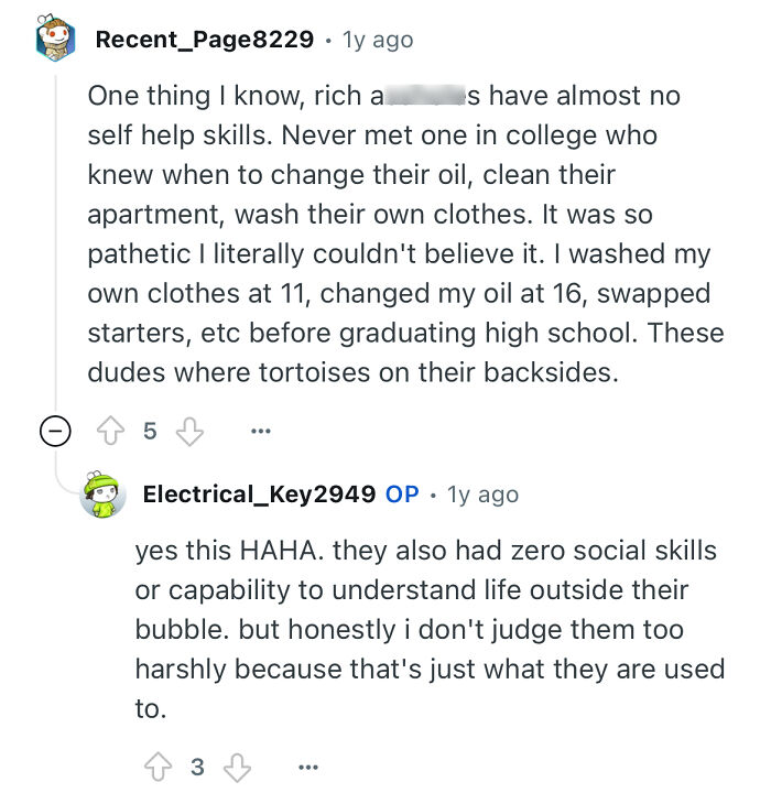 Reddit conversation showing a person studied in a prestigious private school discussing social and self-help skills.