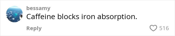 Comment about caffeine blocking iron absorption, related to woman issuing warning over matcha health risks.