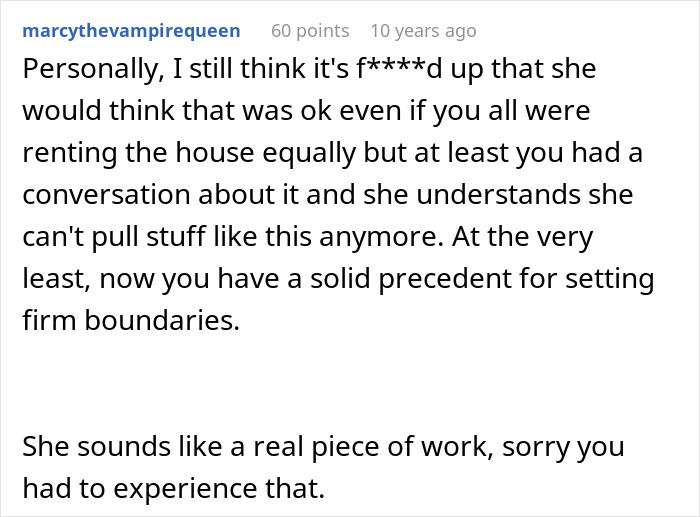 Screenshot of a user comment discussing setting firm boundaries after homeowners disrupted a party by not leaving.