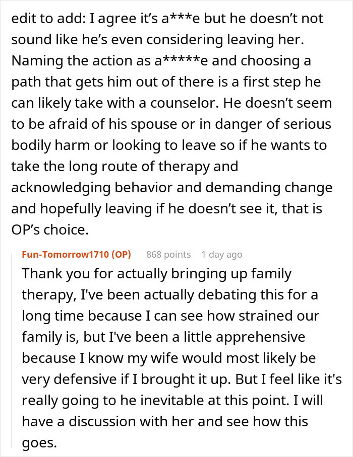 Text conversation discussing telling wife why daughter doesn&rsquo;t trust, involving family therapy and relationship concerns.