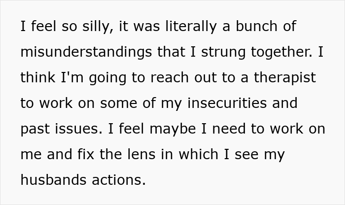 Text excerpt about feeling silly and deciding to see a therapist to address insecurities and misunderstandings in a relationship.