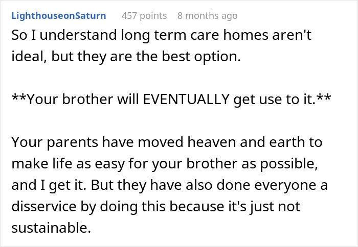 Screenshot of a text discussing long term care homes and parental expectations for a son to care for his autistic brother.