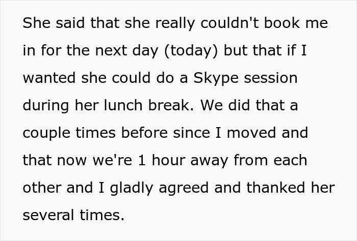 Text excerpt showing a woman learning the truth about why she never got to study abroad during a Skype session. Text excerpt showing a woman learning the truth about why she never got to study abroad during a Skype session.