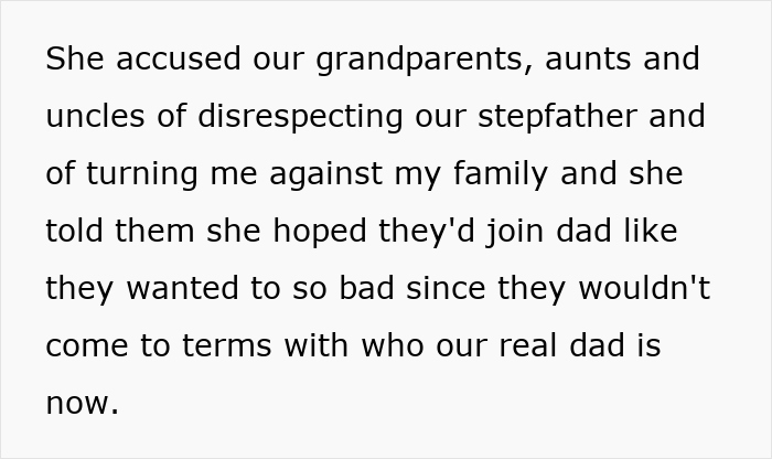 Text about bride refusing to let mom's hubby walk her down the aisle and sister causing family conflict.