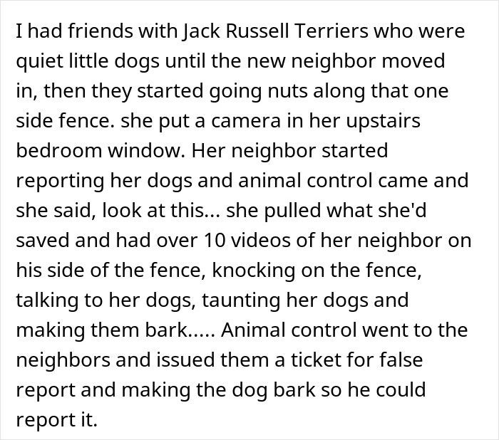 Neighbor admits her mom drilled holes in fence to spy on dogs, then denies taunting or provoking them to bark.