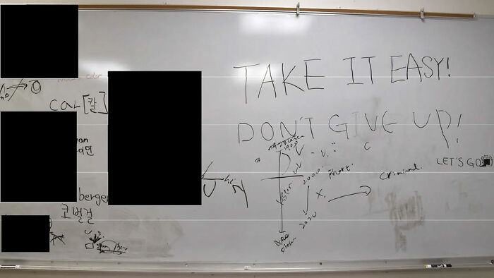 Whiteboard with handwritten motivational messages and notes, related to Bryan Kohberger's mom and Idaho crimes discussions.
