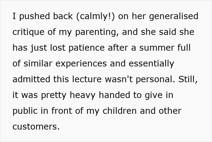 Text excerpt about a British woman losing patience after being lectured on parenting by a French shop owner. Text excerpt about a British woman losing patience after being lectured on parenting by a French shop owner.