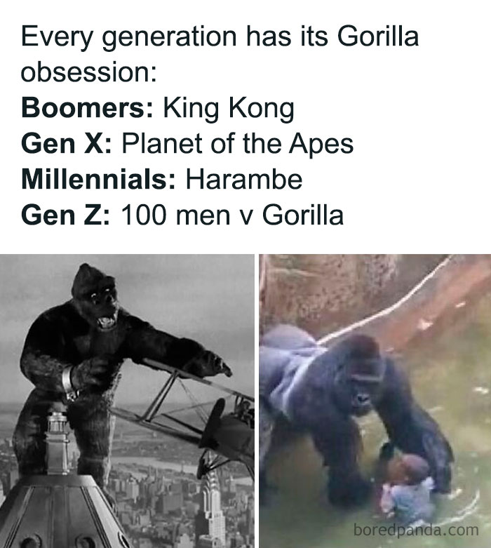 Funny memes comparing gorilla pop culture references across generations, challenging history knowledge with humorous images.