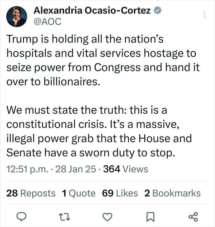 Tweet by Alexandria Ocasio-Cortez showing courage to speak out on a constitutional crisis and illegal power grab.