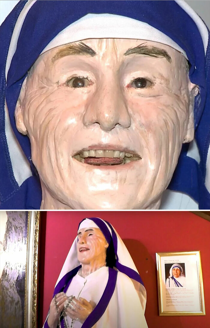 Wax sculpture of a famous figure in nun attire, showcasing creepy and hilarious details by the artist.