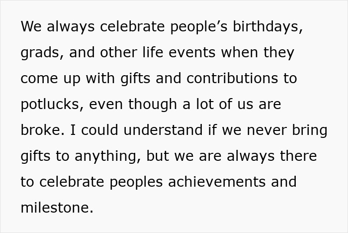 Text about celebrating life events with gifts and contributions to potlucks despite financial struggles, related to bride demands and wedding shower gifts.