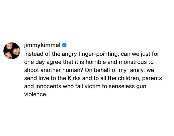 Jimmy Kimmel's statement condemning gun violence and expressing sympathy for victims in a social media post. Jimmy Kimmel's statement condemning gun violence and expressing sympathy for victims in a social media post.