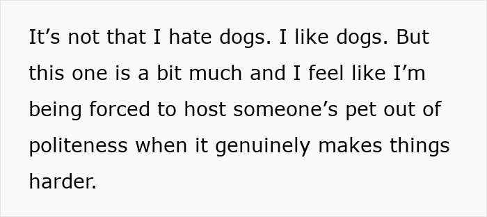 Text about therapy dog causing tension at family BBQ, highlighting challenges of hosting someone's pet politely. Text about therapy dog causing tension at family BBQ, highlighting challenges of hosting someone's pet politely.