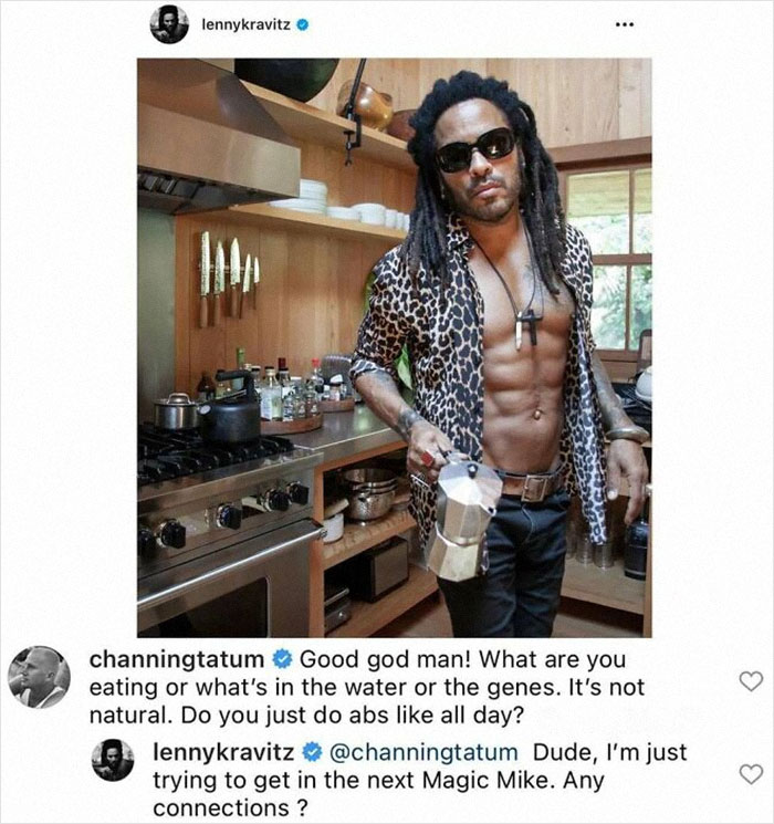 Lenny Kravitz shirtless in kitchen with leopard print shirt and sunglasses, celebs dropping unexpected gems in comments.