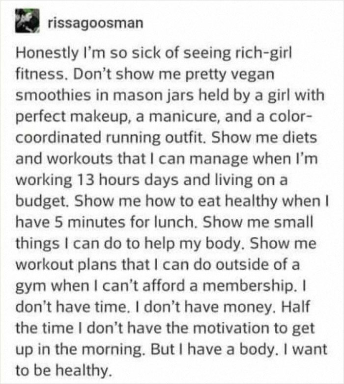 Screenshot of a social media post expressing frustration with unrealistic fitness advice from gym influencers.