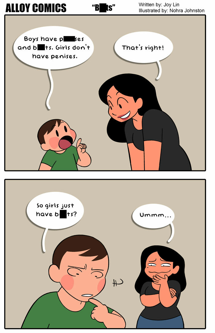 Funny comic about love and marriage showing a child’s innocent questions and a parent's awkward response.