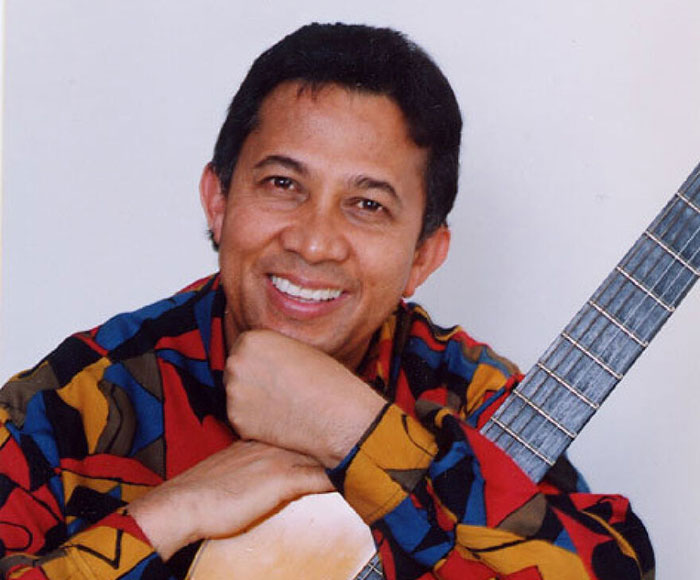 Smiling male celebrity holding a guitar, representing male celebrities who were slain by women.