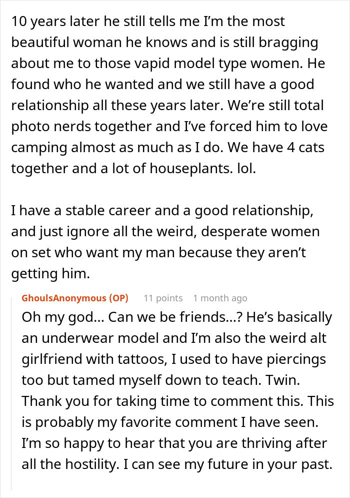 Text conversation about a woman thriving in a relationship with her model boyfriend despite friends saying he is out of her league.