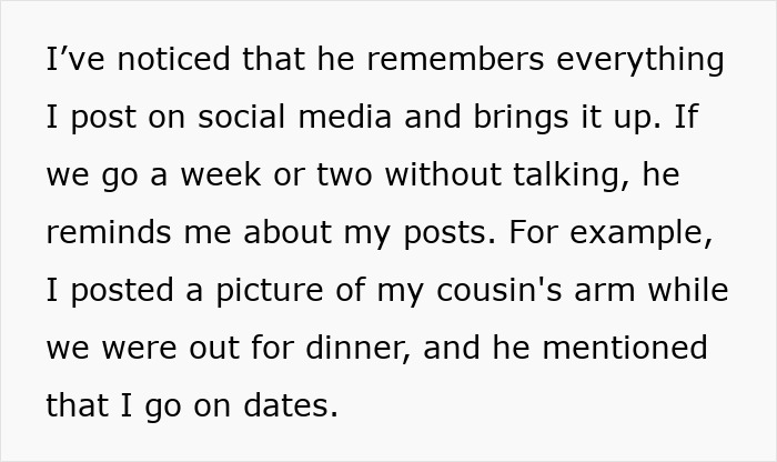 Text excerpt about a lady worried over online date's behavior who remembers everything she posts on social media.
