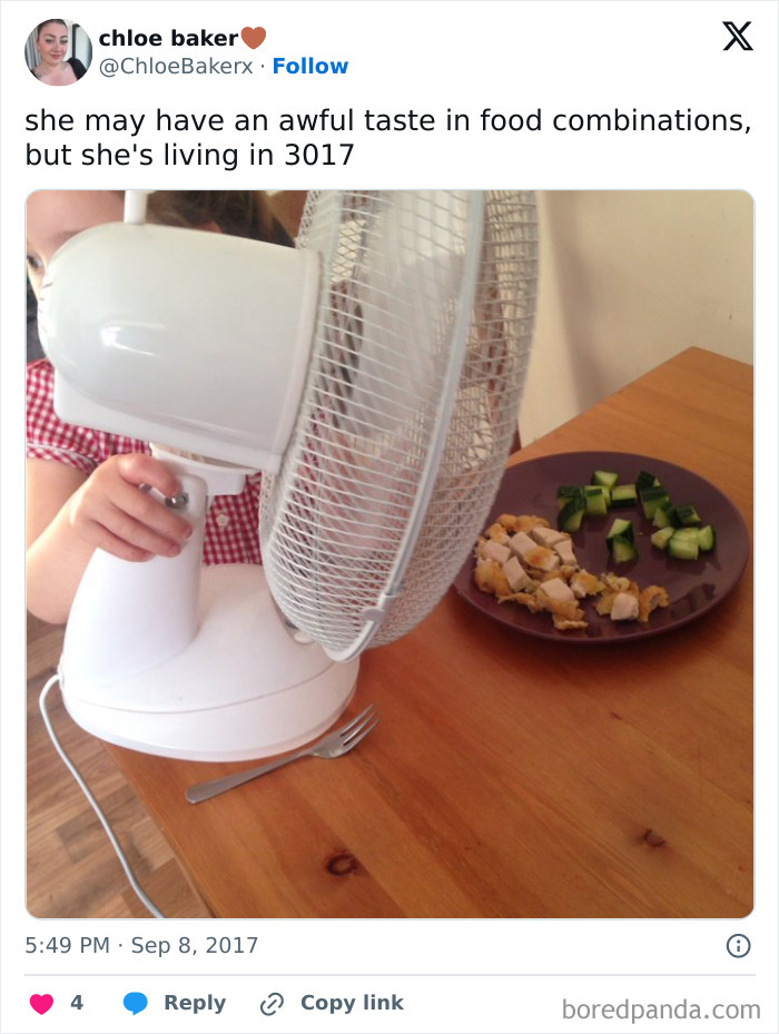 Child using a fan to cool food on a plate, showcasing kids surprised parents with their new inventions.