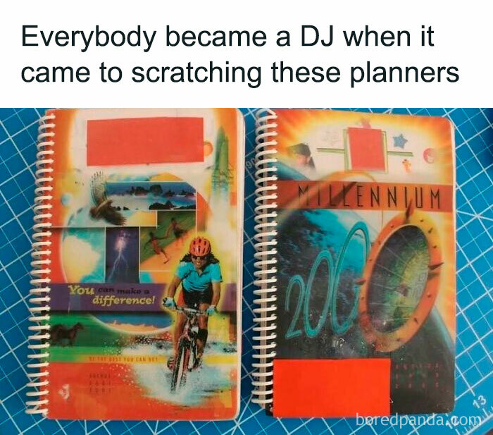90s planners with scratch-off covers, nostalgic millennial meme highlighting childhood memories and relatable 90s moments