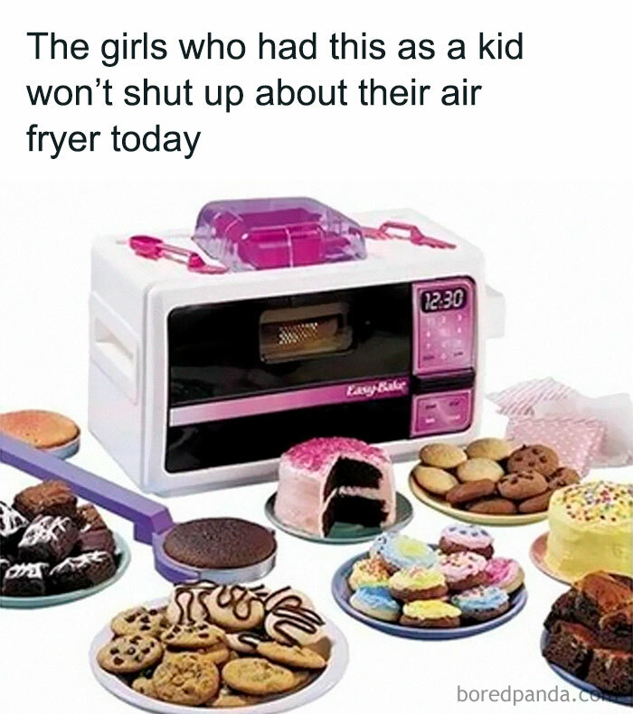 90s nostalgia with a vintage Easy-Bake Oven and an assortment of baked treats, highlighting relatable millennial memes.