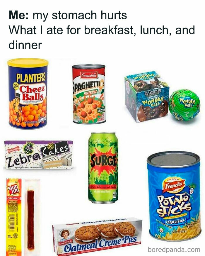 Classic 90s snacks like Cheez Balls, Spaghettios, Wonder Ball, and Surge soda for nostalgic millennial therapy memes.