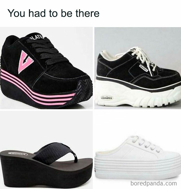 90s platform shoes collage showing black and white chunky sneakers and wedge sandals nostalgic for millennials.