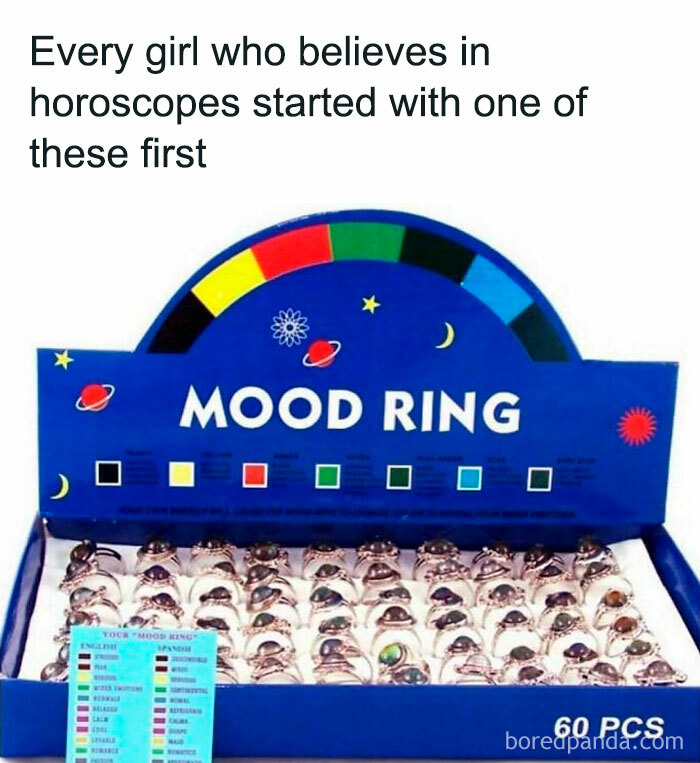 Mood rings displayed in a box, a nostalgic 90s item popular with millennials who miss the 90s and retro therapy trends.