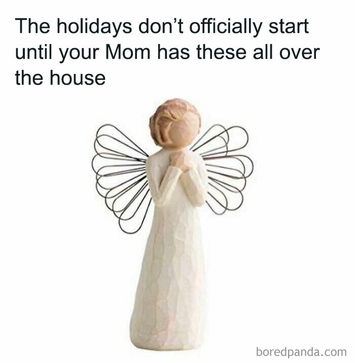 90s nostalgia meme showing a wooden angel figurine with text about holiday traditions moms had in the 90s.