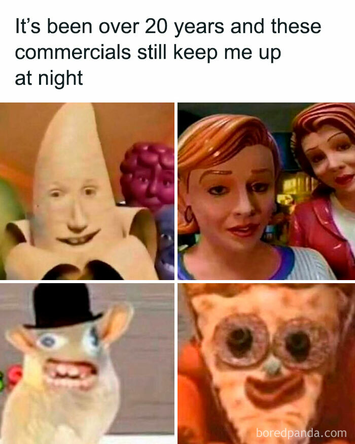 Relatable 90s memes featuring unsettling vintage commercials that millennials remember and miss from their childhood.