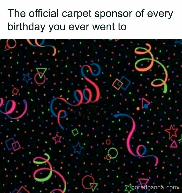 Colorful 90s birthday party carpet pattern with spirals, stars, and geometric shapes, a nostalgic meme for millennials missing the 90s.
