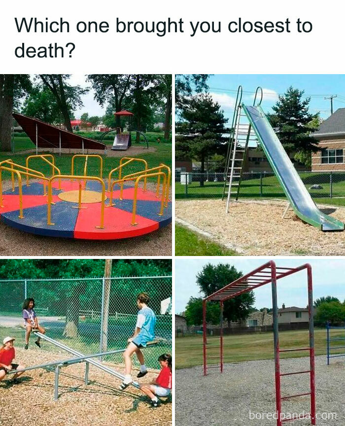 Playground equipment including merry-go-round, tall slide, seesaw, and monkey bars from 90s for millennials who miss childhood fun and nostalgia.