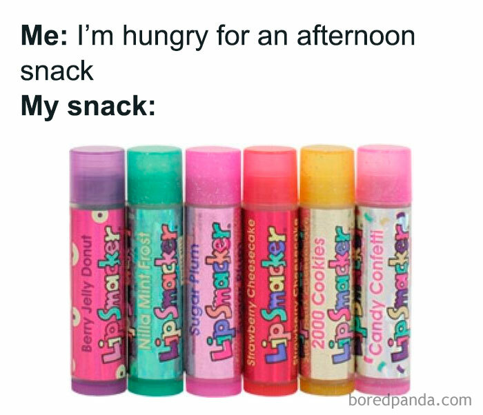Afternoon snack humor featuring colorful Lip Smacker lip balms nostalgic for millennials missing the 90s.