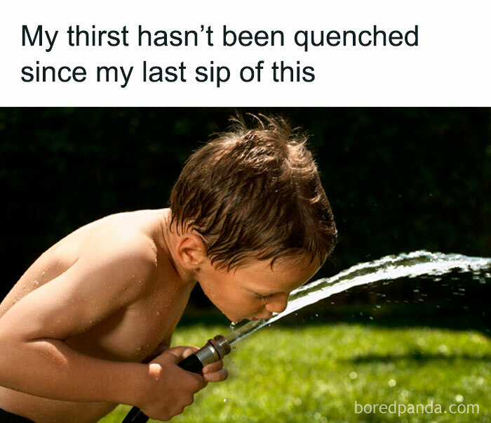Boy drinking water from a garden hose, illustrating nostalgia in hilarious relatable memes for millennials who miss the 90s.