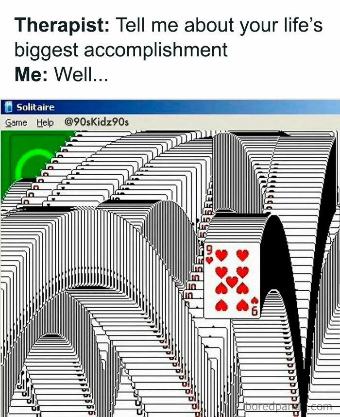 Therapist asks about accomplishments, meme shows winning Solitaire, nostalgic 90s therapy alternative for millennials.