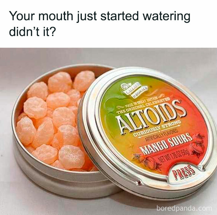Tin of mango sour Altoids candy with text referencing nostalgic 90s memories for millennials in relatable meme format.