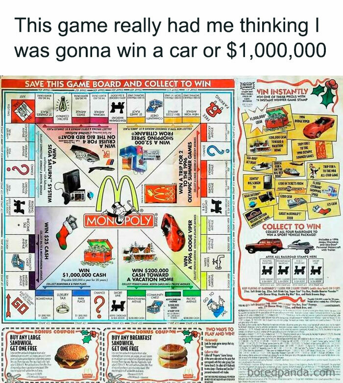 90s Monopoly game board with vintage McDonald's prizes and cash rewards, a nostalgic meme for millennials missing the 90s.