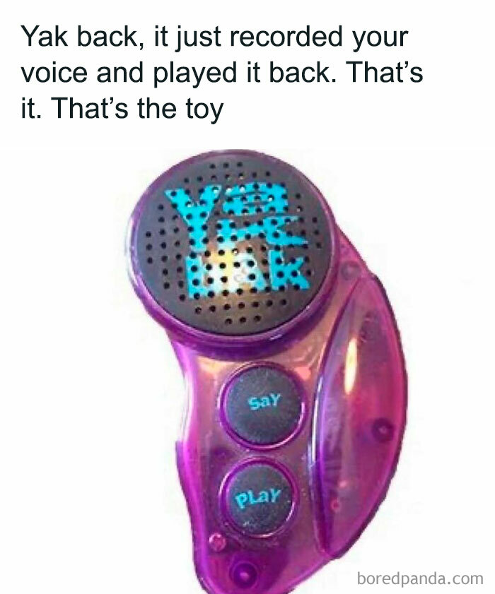 Yak back toy in purple, a nostalgic 90s device that recorded and played back voice, relatable to millennials missing the 90s.