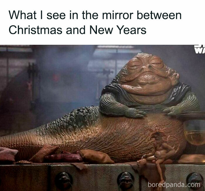 Hilariously relatable 90s meme showing Jabba the Hutt as a funny reflection between Christmas and New Years.