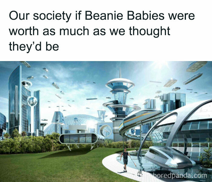 Futuristic cityscape meme illustrating nostalgia and relatable humor about millennials missing 90s Beanie Babies value.