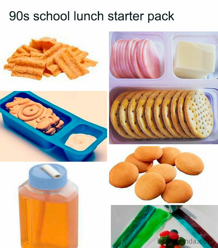90s school lunch starter pack with nostalgic snacks and drinks for millennials who miss the 90s childhood memories.