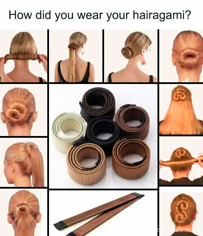 Various hairstyles created using a hairagami hair accessory, showcasing nostalgic 90s hairstyle ideas for millennials.