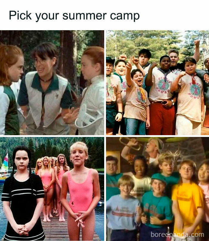 Groups of kids at summer camps in nostalgic 90s outfits, illustrating relatable millennial memories from the 90s era.