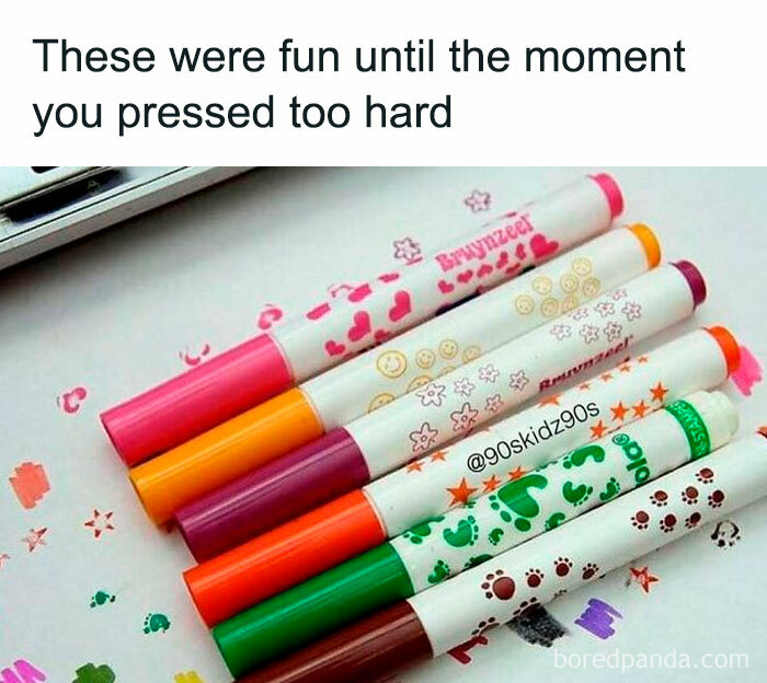 Colorful 90s stamp markers with fun designs, highlighting relatable nostalgia in memes for millennials missing the 90s.